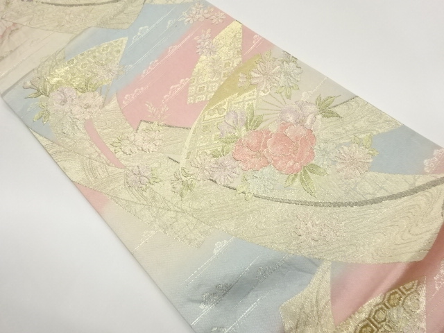 鬘帯に扇・花々模様織出し袋帯